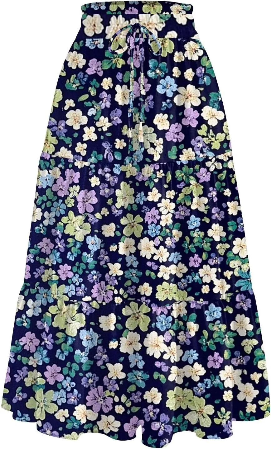 Flowy Skirts for Women High Waist Long A-Line Boho Maxi Skirt for Summer Beach