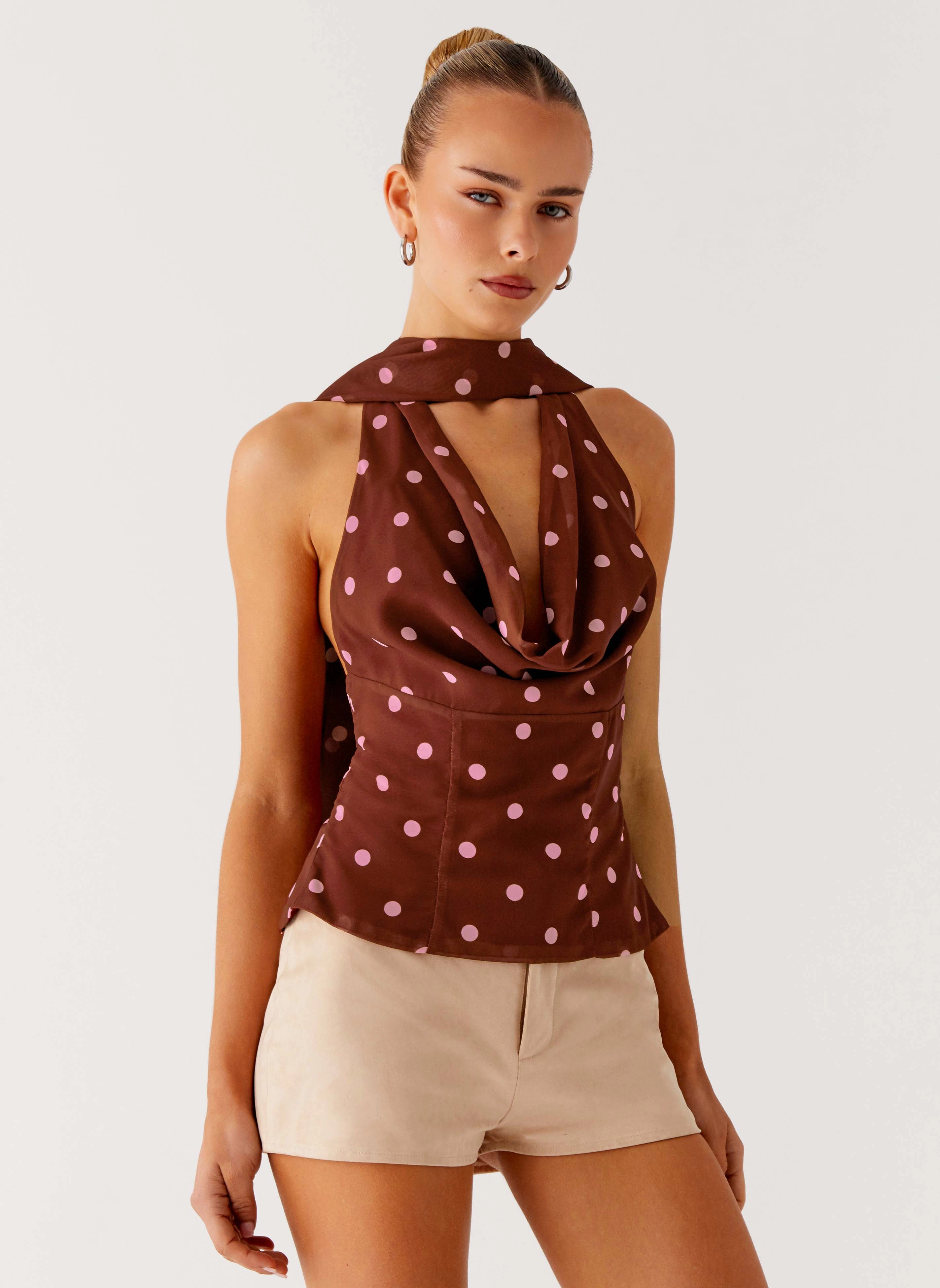 Stealing Love Scarf Top - Chocolate Strawberry Dot Stretchable Material