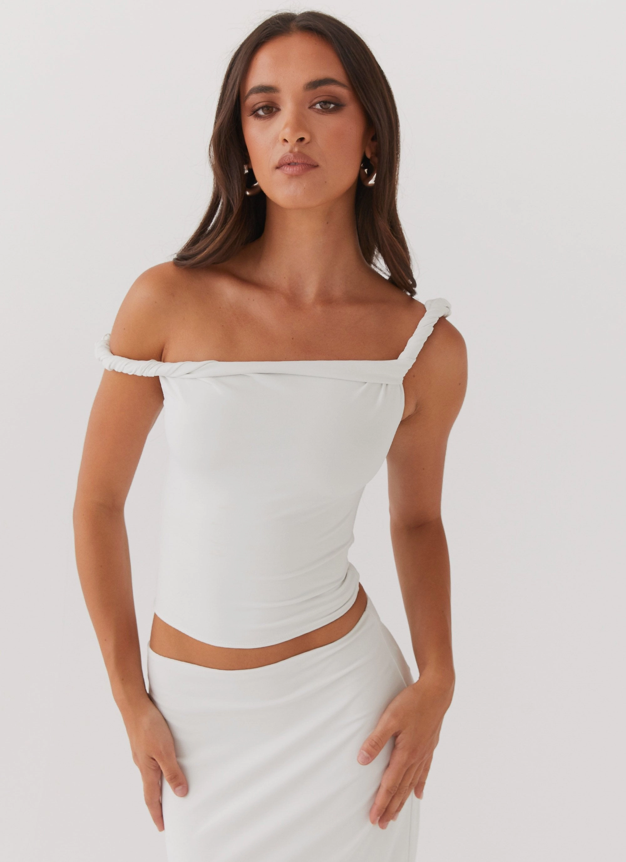 High Collar Protection Design Solace Soul Twist Shoulder Top - Ivory