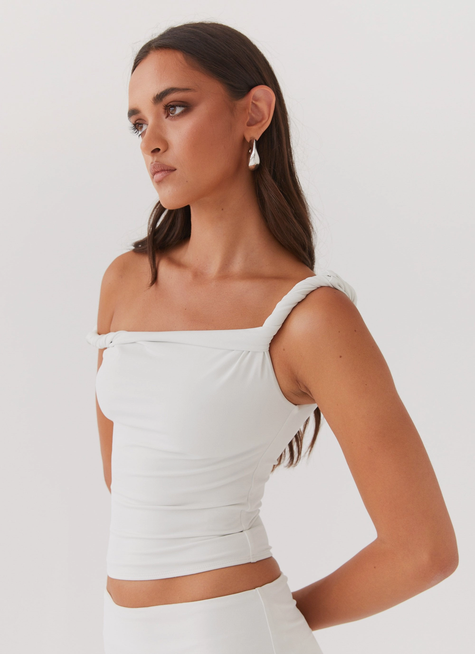 Solace Soul Twist Shoulder Top - Ivory SoftTouch Flexible Waistband