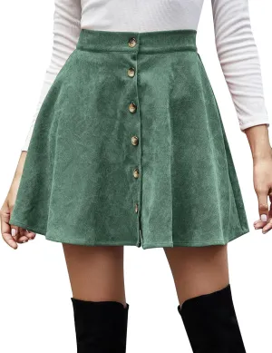 Flygo Women's High Waisted Button Front A-Line Pleated Corduroy Mini Skirt