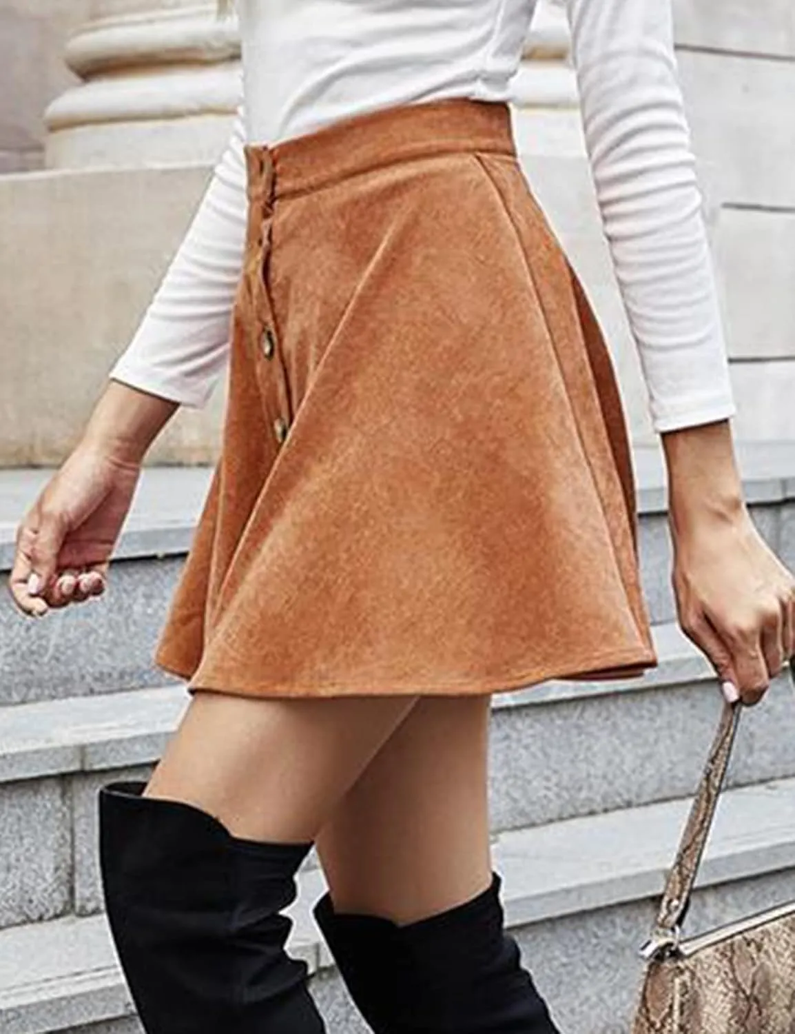 Flygo Women's High Waisted Button Front A-Line Pleated Corduroy Mini Skirt