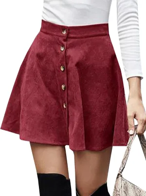 Flygo Women's High Waisted Button Front A-Line Pleated Corduroy Mini Skirt