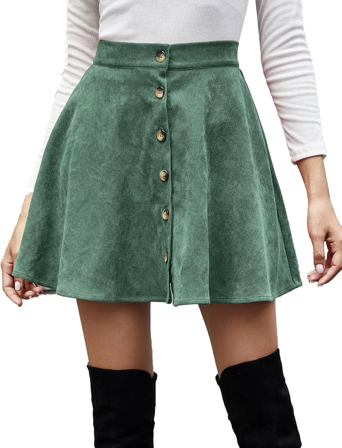 Flygo Women's High Waisted Button Front A-Line Pleated Corduroy Mini Skirt