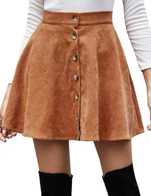 Flygo Women's High Waisted Button Front A-Line Pleated Corduroy Mini Skirt