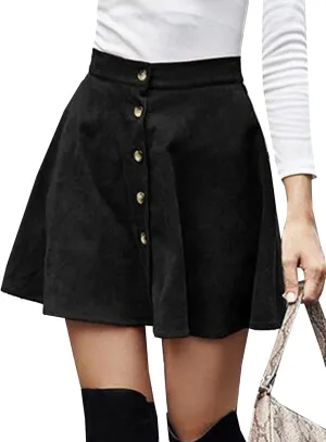 Flygo Women's High Waisted Button Front A-Line Pleated Corduroy Mini Skirt