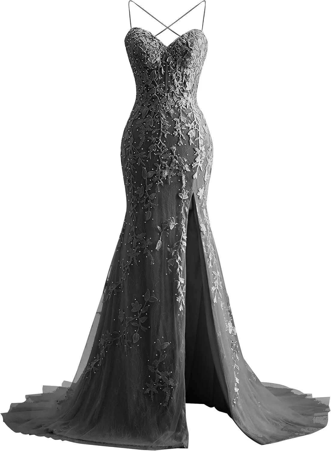Fokissy Mermaid Prom Dresses with Slit 2025 Lace Applique Tulle Sweetheart Formal Evening Gown