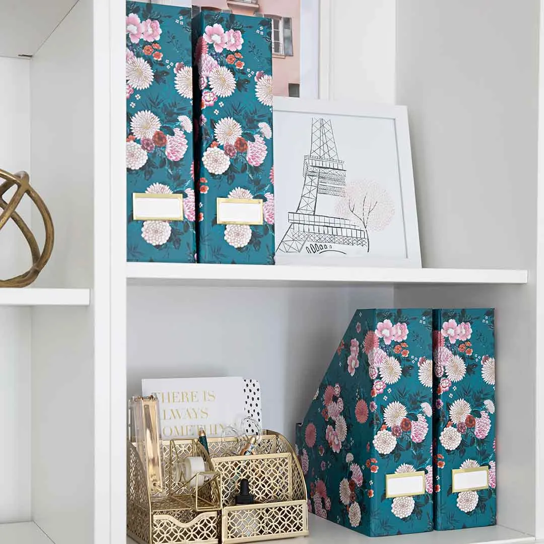Foldable Magazine File Holder with Gold Label Holder - Set of 4 - Floral and Teal