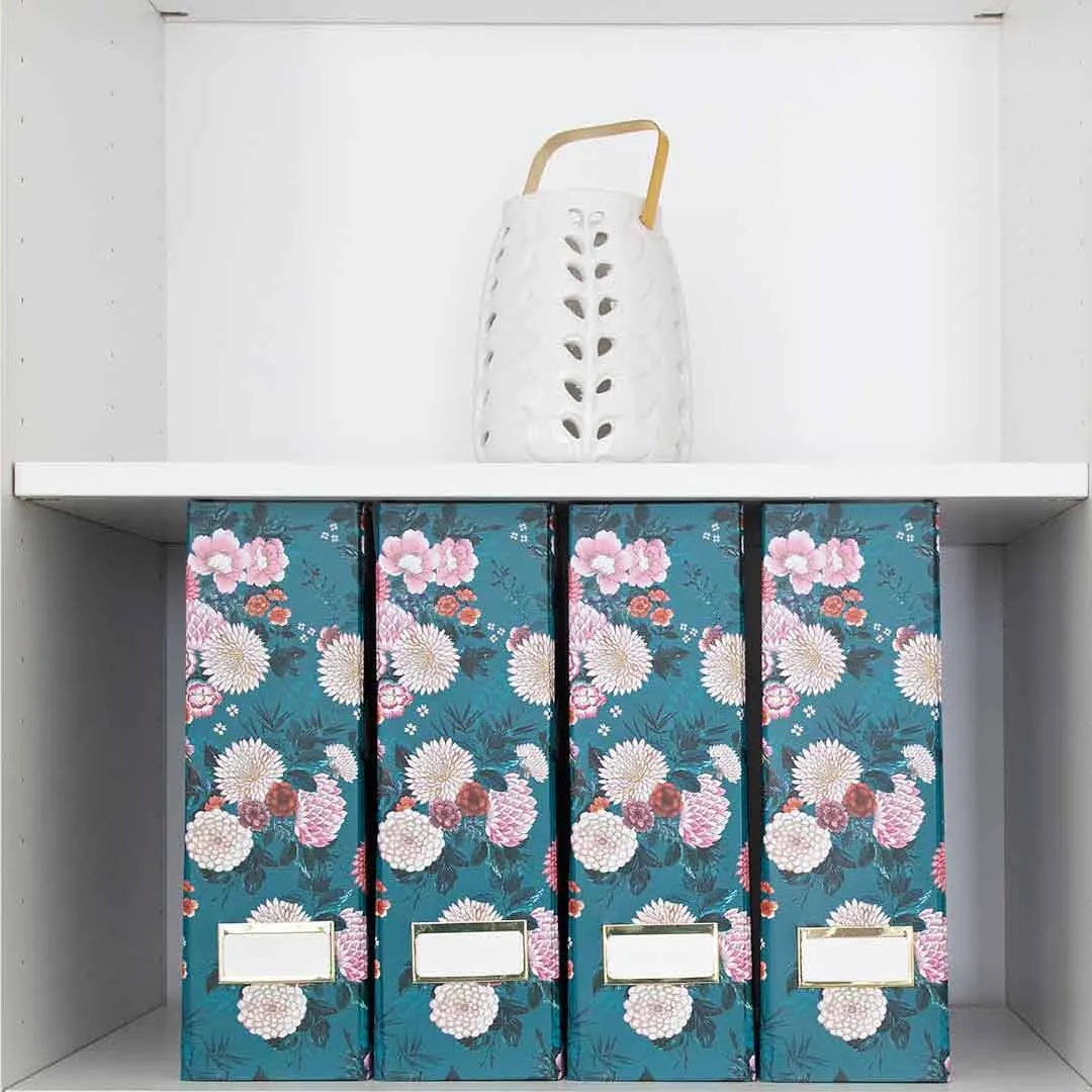 Foldable Magazine File Holder with Gold Label Holder - Set of 4 - Floral and Teal
