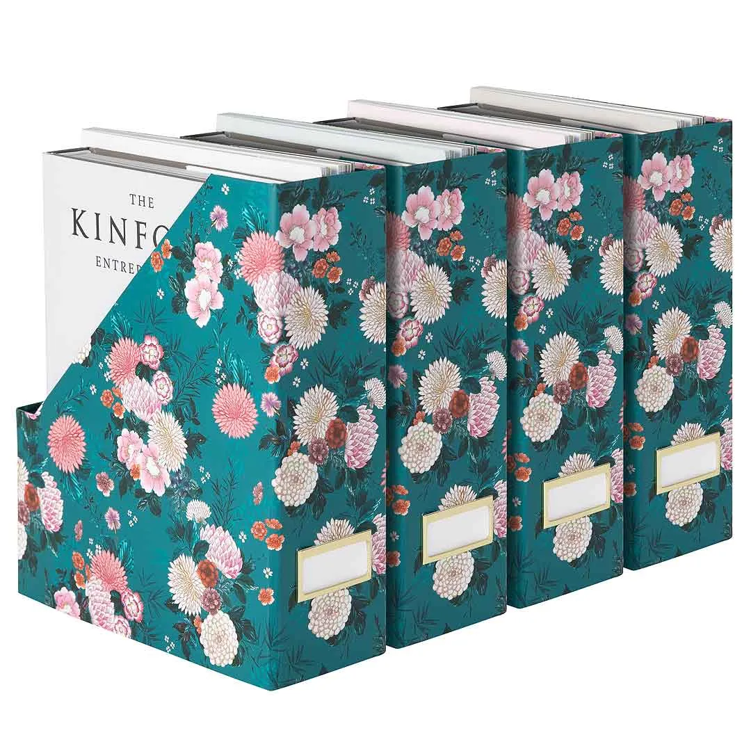 Foldable Magazine File Holder with Gold Label Holder - Set of 4 - Floral and Teal