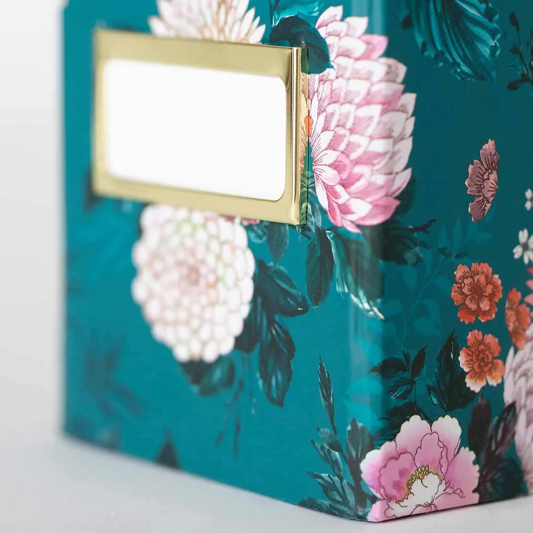 Foldable Magazine File Holder with Gold Label Holder - Set of 4 - Floral and Teal