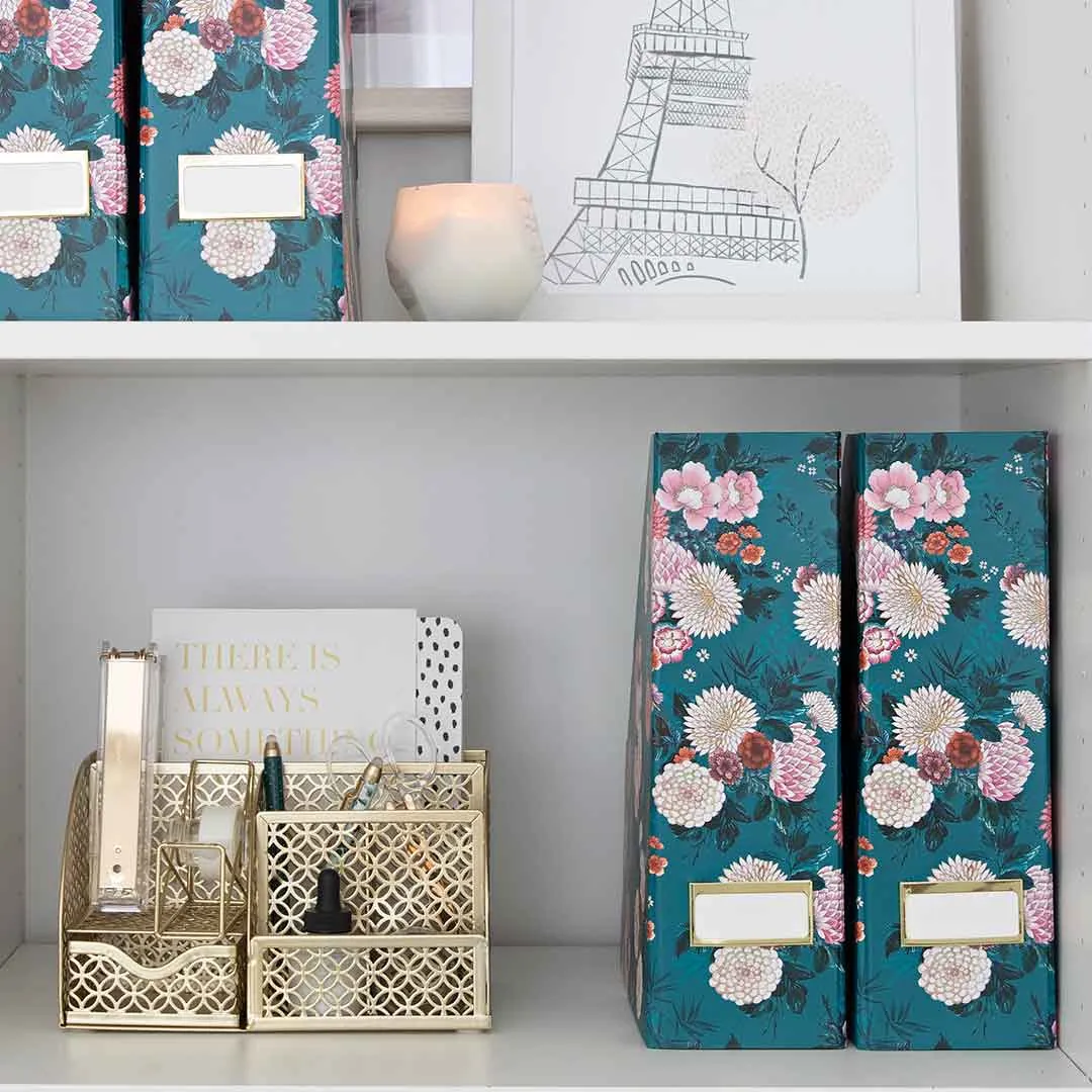 Foldable Magazine File Holder with Gold Label Holder - Set of 4 - Floral and Teal