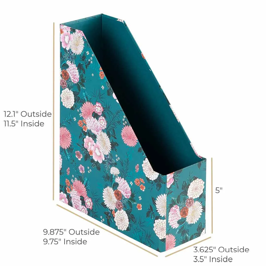 Foldable Magazine File Holder with Gold Label Holder - Set of 4 - Floral and Teal