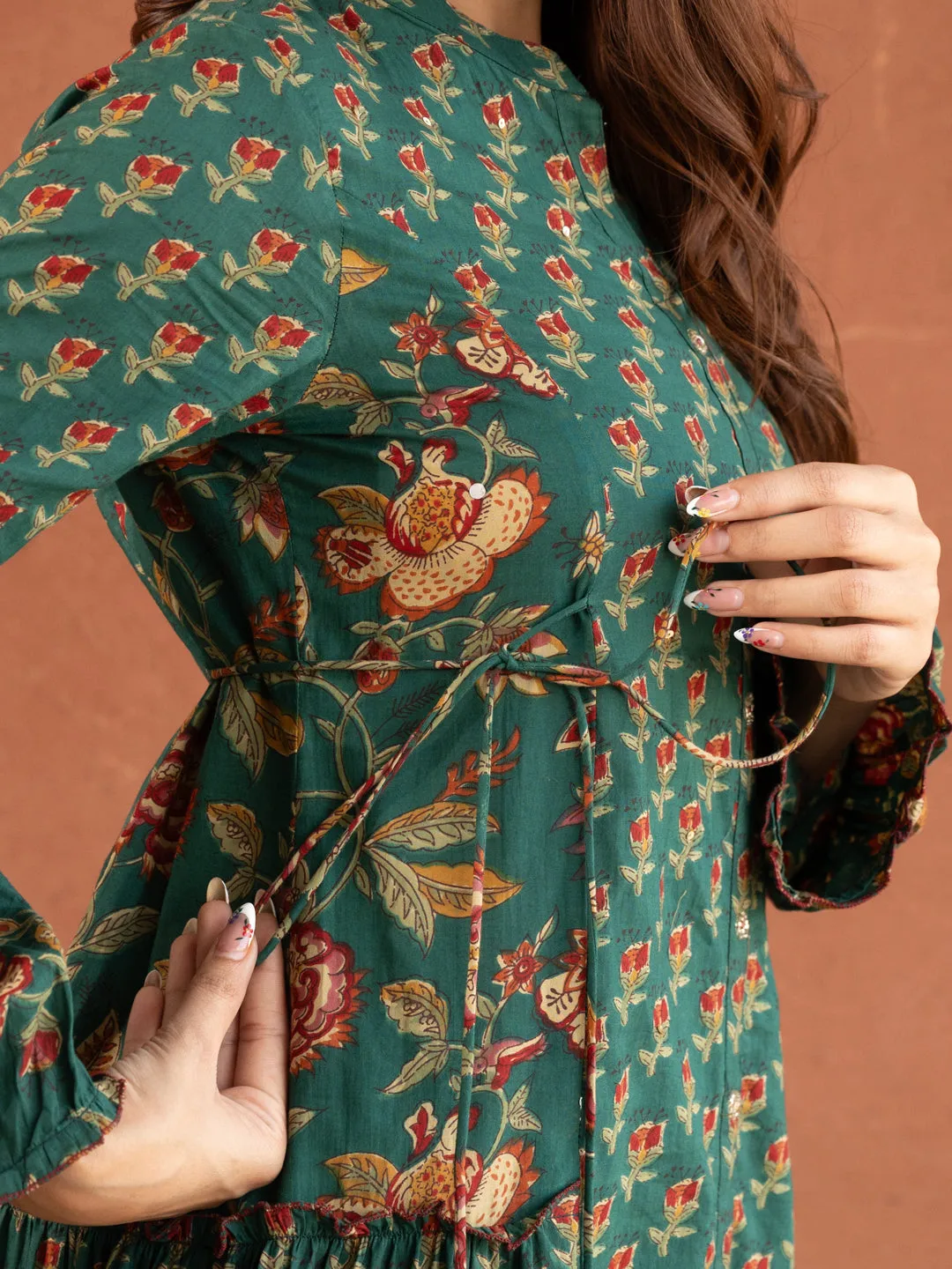 Forest Green Floral Print Cotton Dress