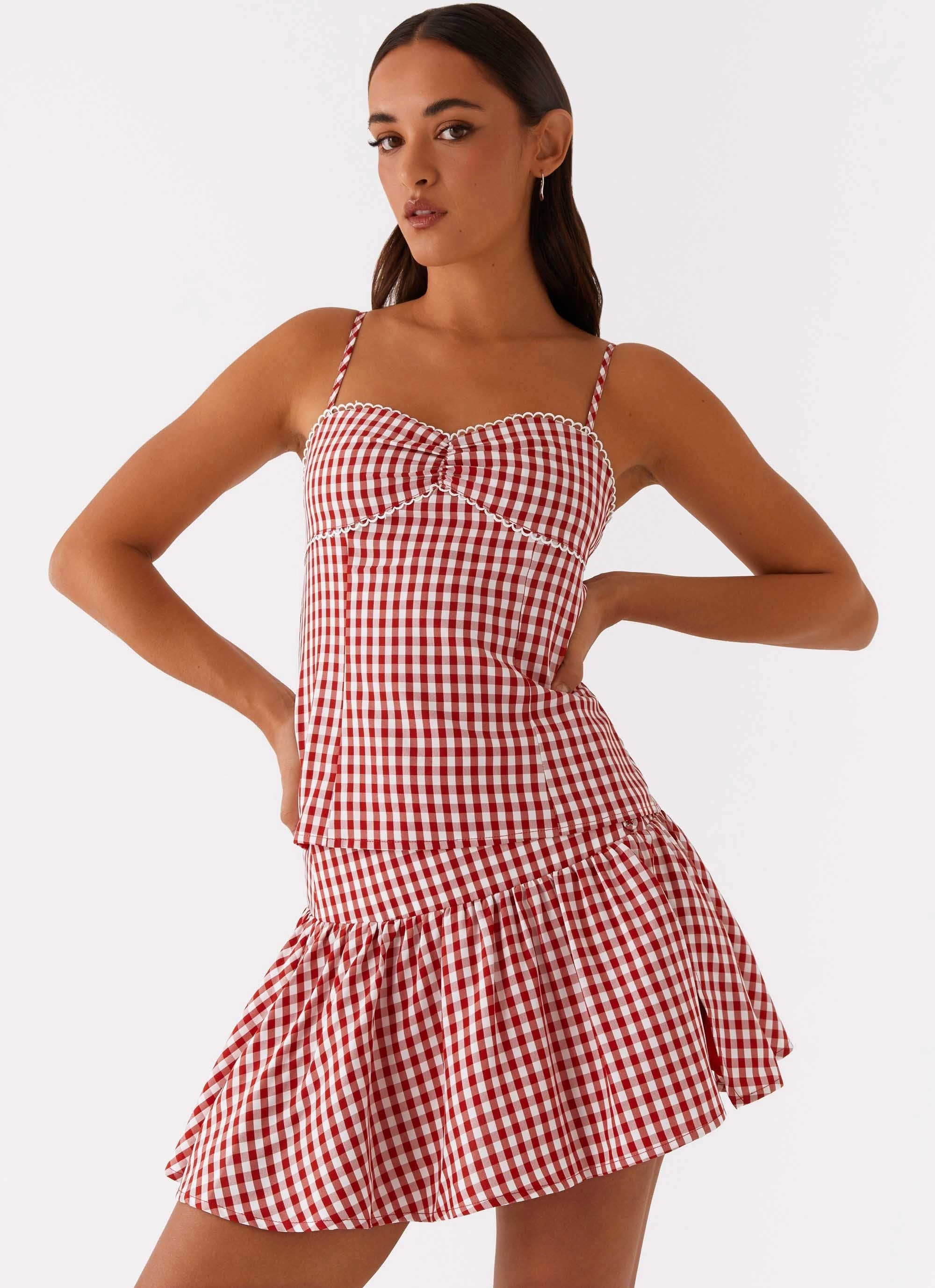 Bellamy Mini Skirt - Red Gingham StretchFabric Breathable Mesh Panels