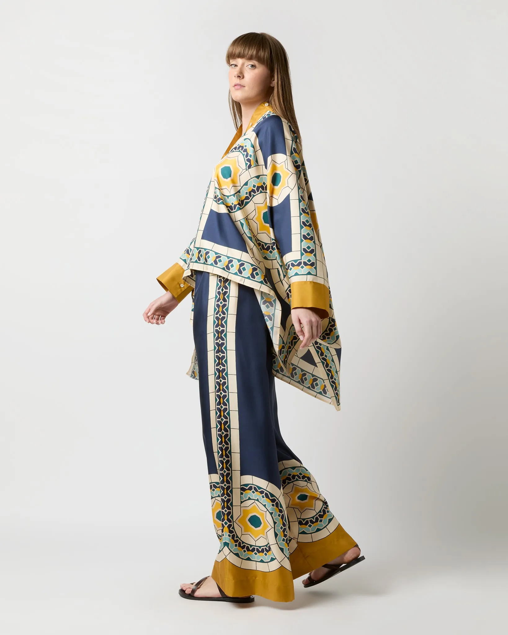 Foulard Shirt in Blue Mudejar Placée Silk Twill