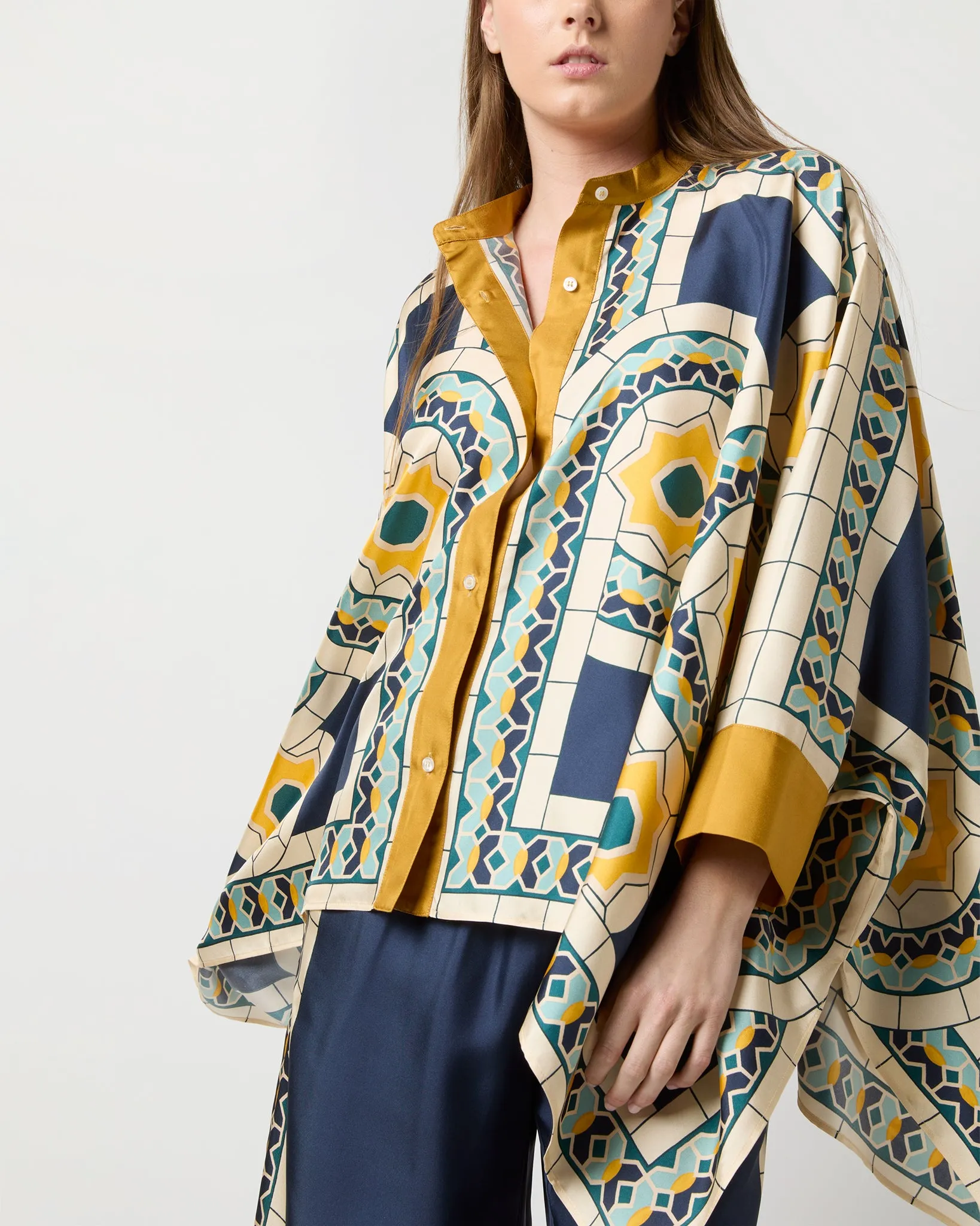 Foulard Shirt in Blue Mudejar Placée Silk Twill