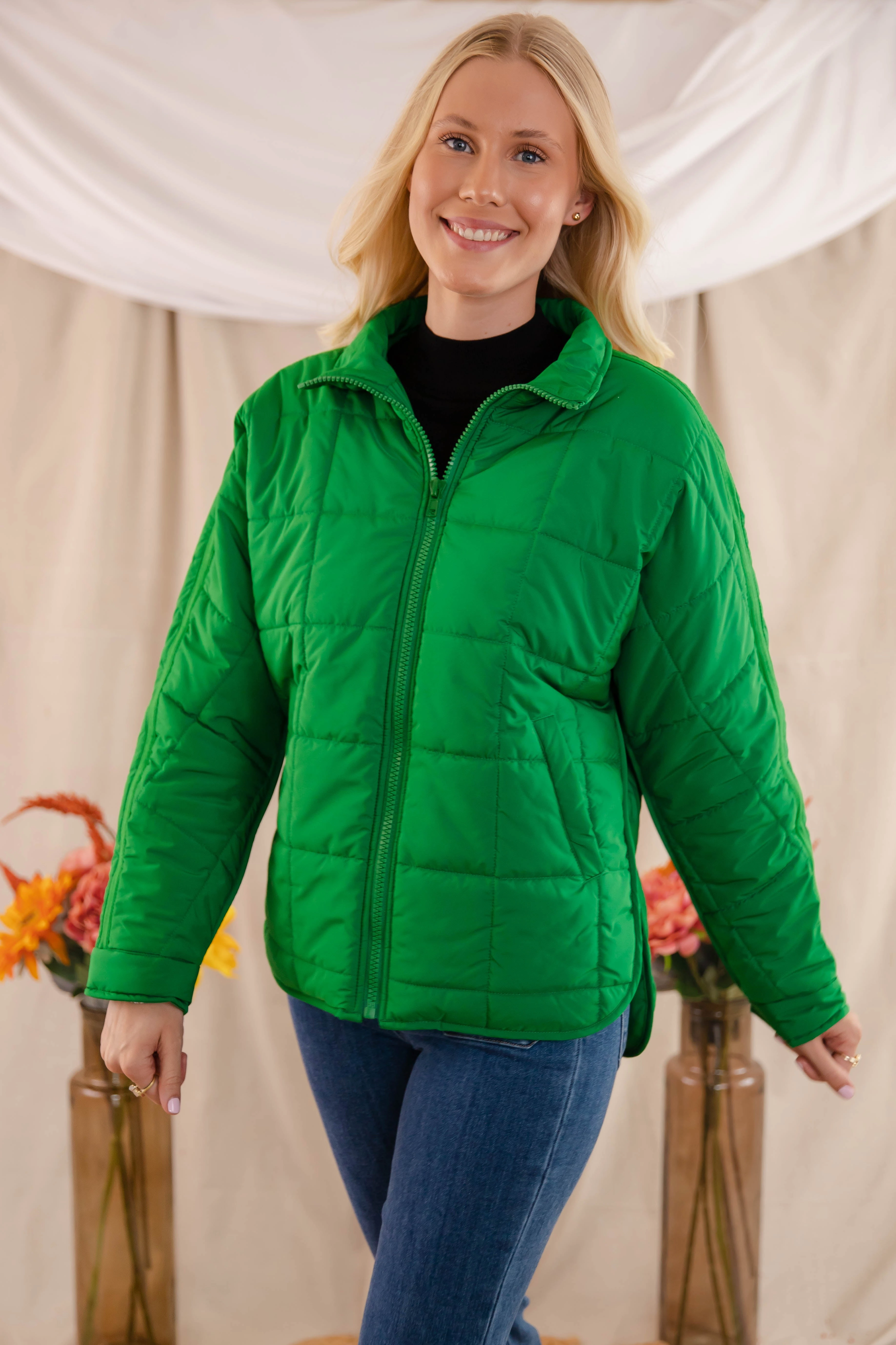 Don't Hesitate Puffer Jacket-Green StaticResistant Material