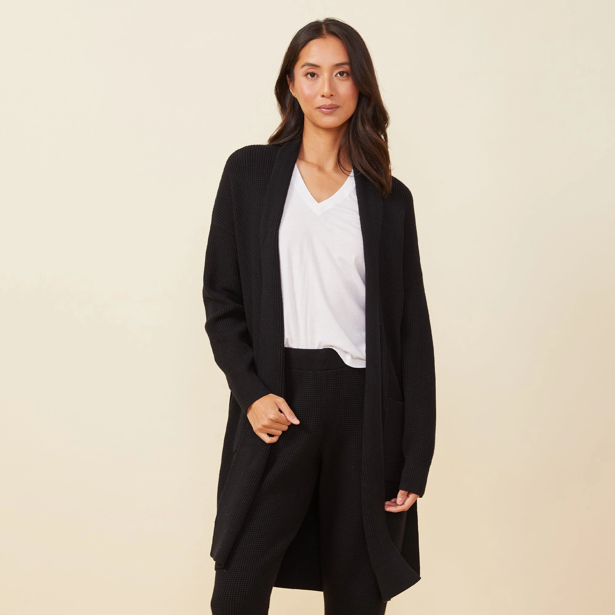 Soft Knit Waffle Long Cardigan Ultrasoft Inner Lining