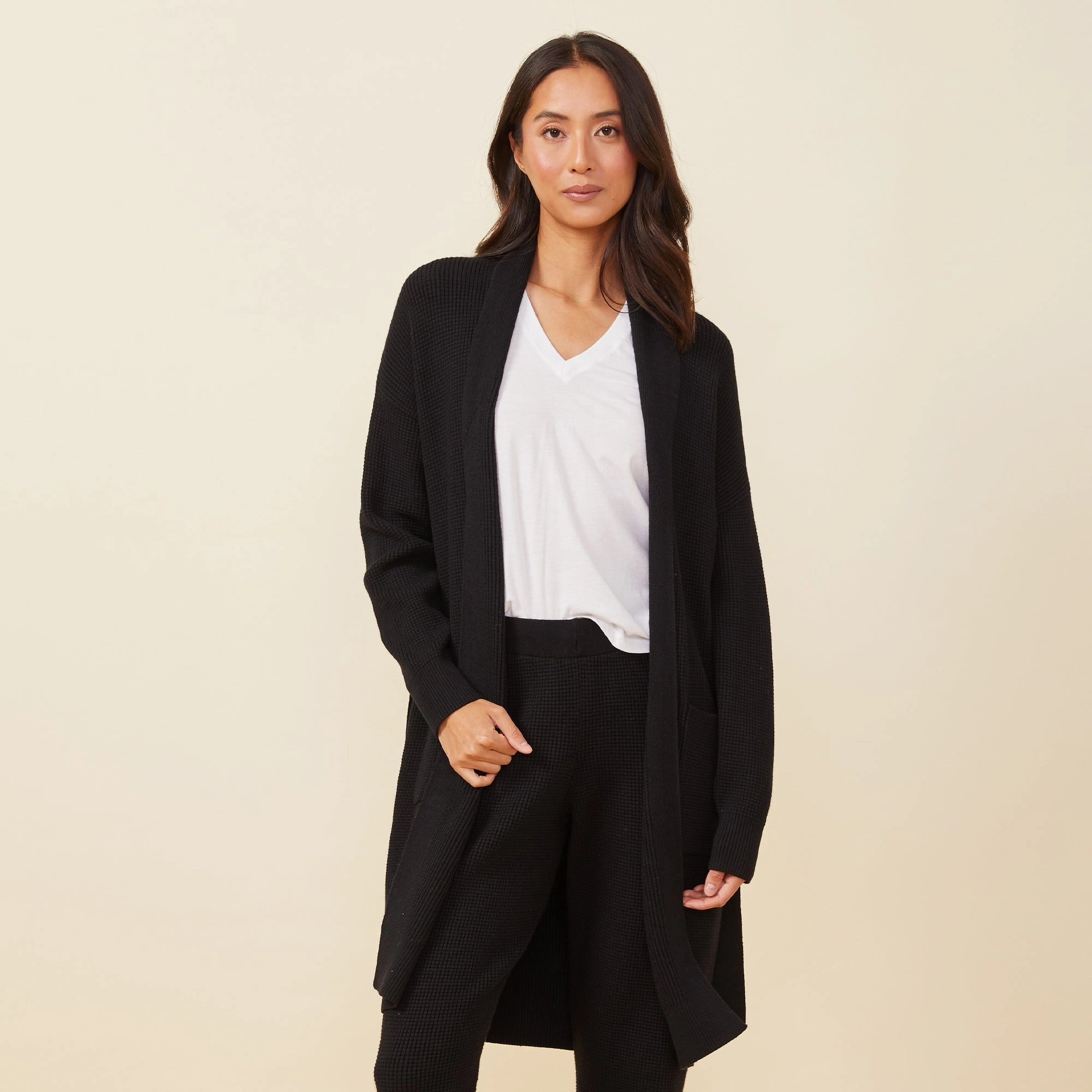 Formal Wear Garment Dyed Finish Soft Knit Waffle Long Cardigan