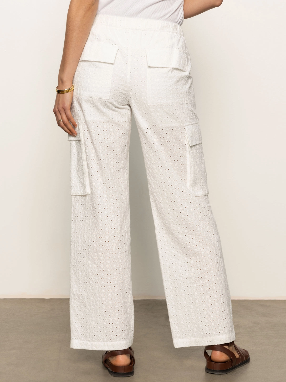 Minimal Vibe Breathable Comfort Design Free Time Eyelet Semi High Rise Pant Bleached White