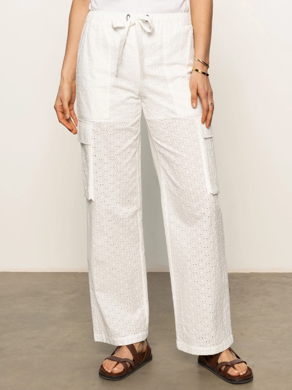Free Time Eyelet Semi High Rise Pant Bleached White Slimline Fit