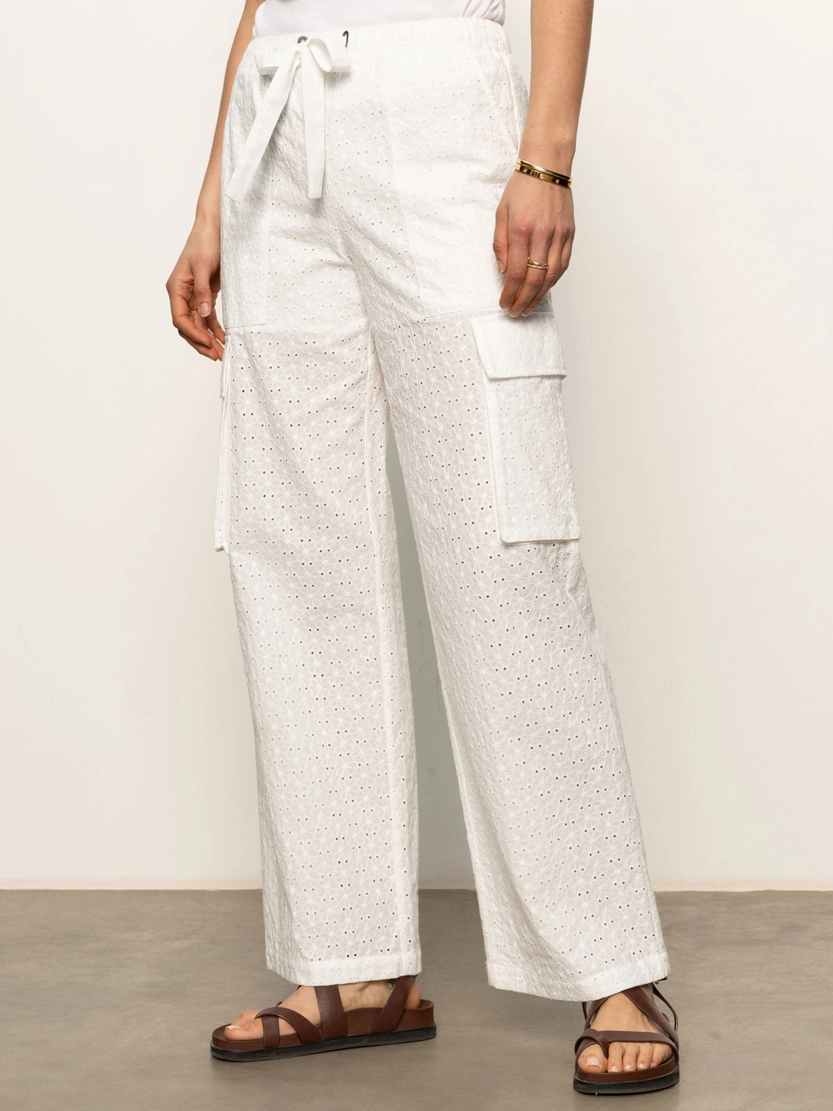 Free Time Eyelet Semi High Rise Pant Bleached White Relaxed Comfort Wear All Day Wear Comfort