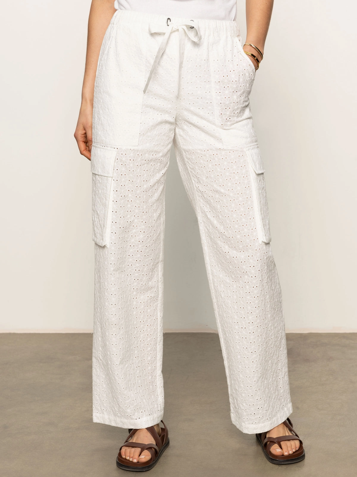 Free Time Eyelet Semi High Rise Pant Bleached White Adjustable Belt Loops
