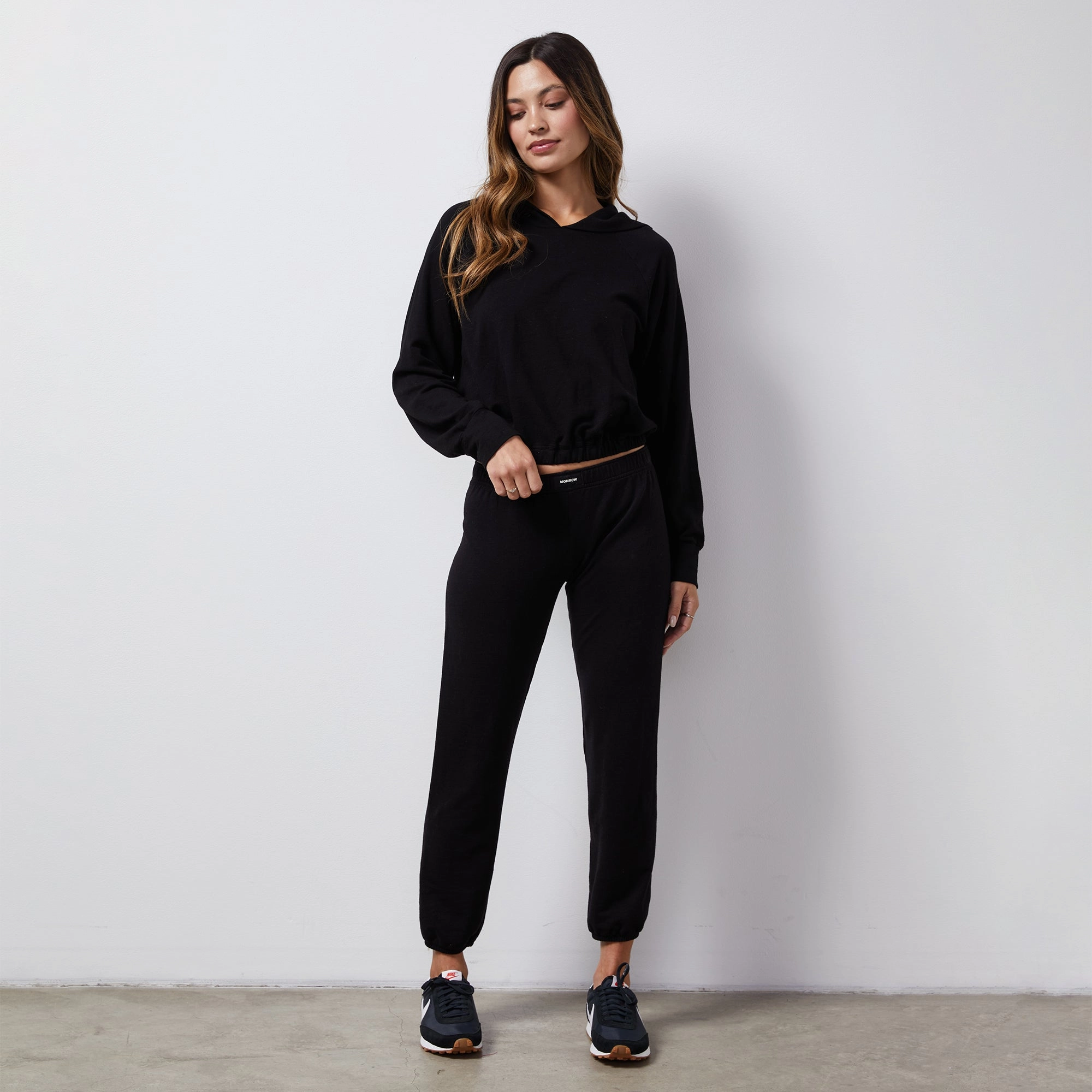 High Collar Design French Terry Crop Elastic Waist Sweat