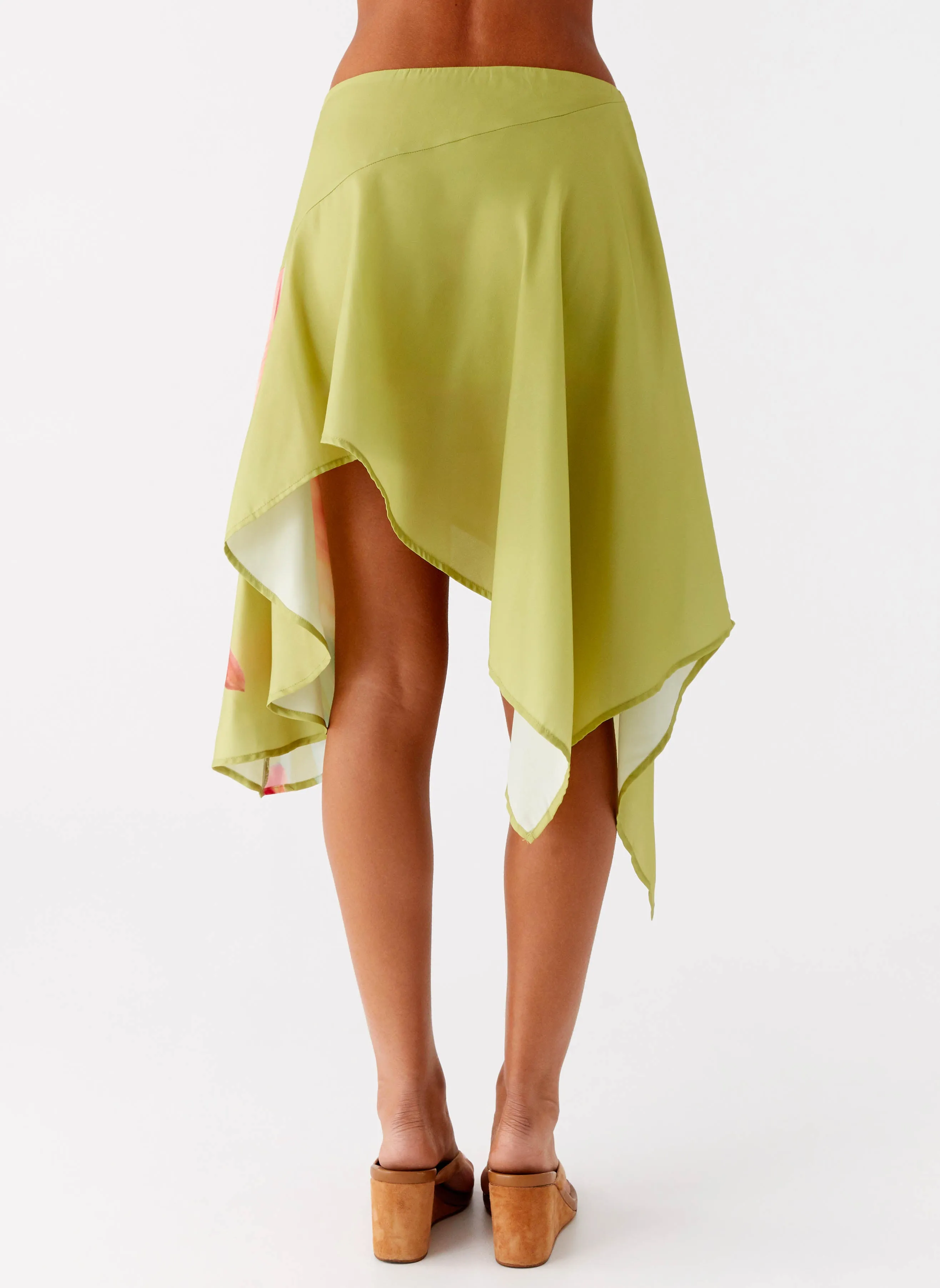 Kia Low Rise Asymmetrical Midi Skirt - Jungle Floral Softened Hem Comfy Feel