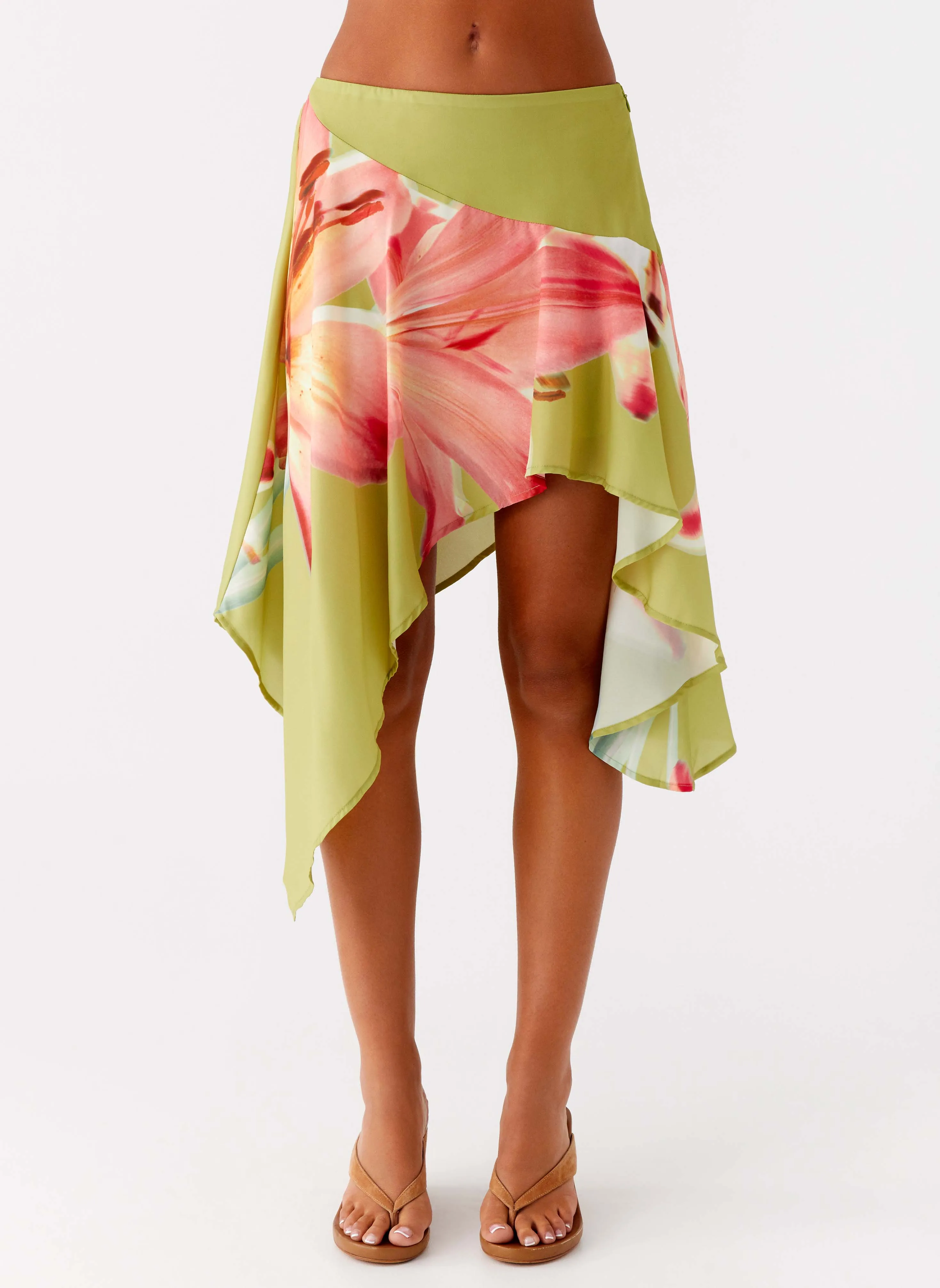 Kia Low Rise Asymmetrical Midi Skirt - Jungle Floral All Purpose Double Needle Stitching