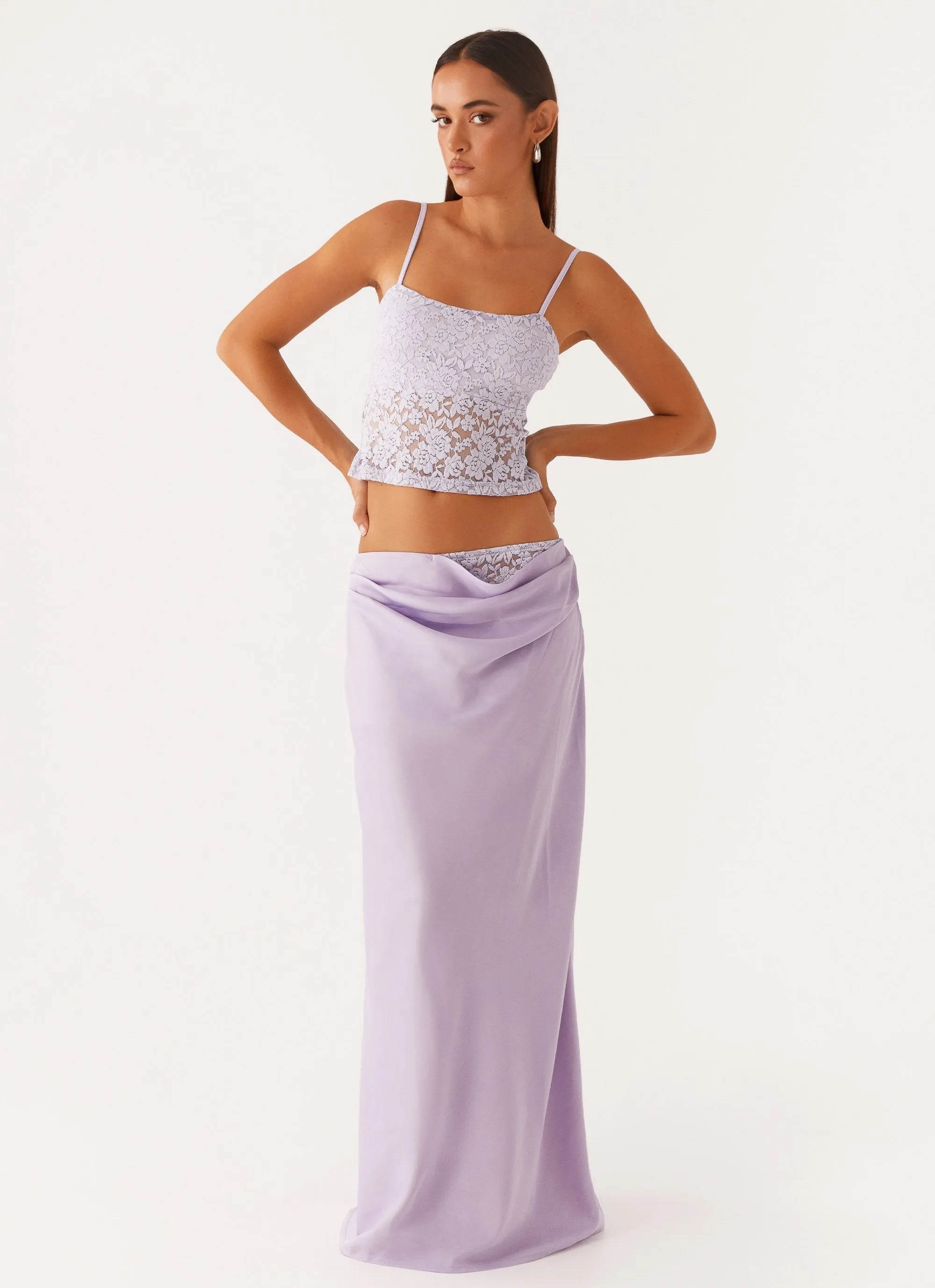 Nancy Lace Satin Maxi Skirt - Lilac Chic Design HighRiseWaist