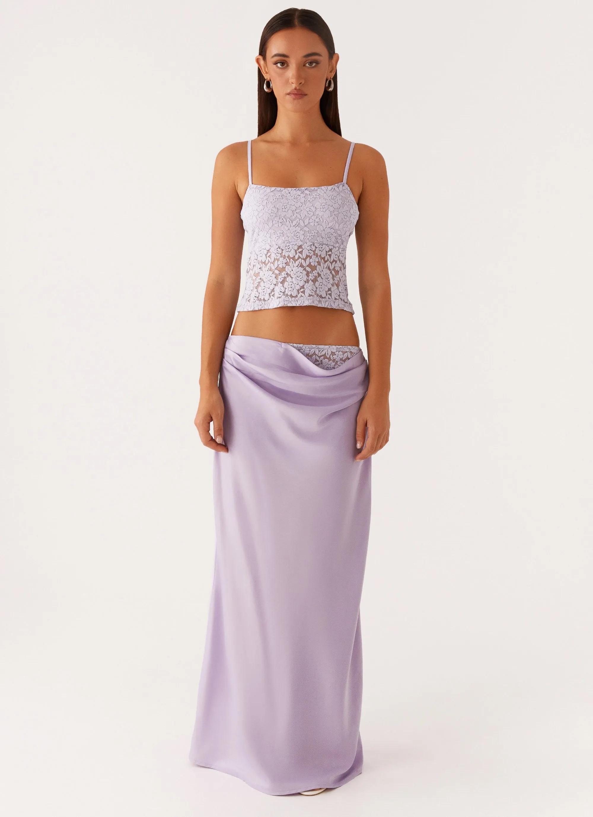 Quick Flex Nancy Lace Satin Maxi Skirt - Lilac