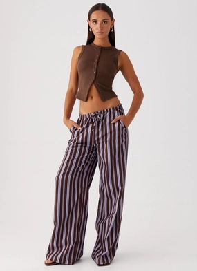 Fresh Face Linen Pants - Purple Brown Stripe Non Restrictive Movement Design Fresh Face Linen Pants - Purple Brown Stripe WindproofLayer