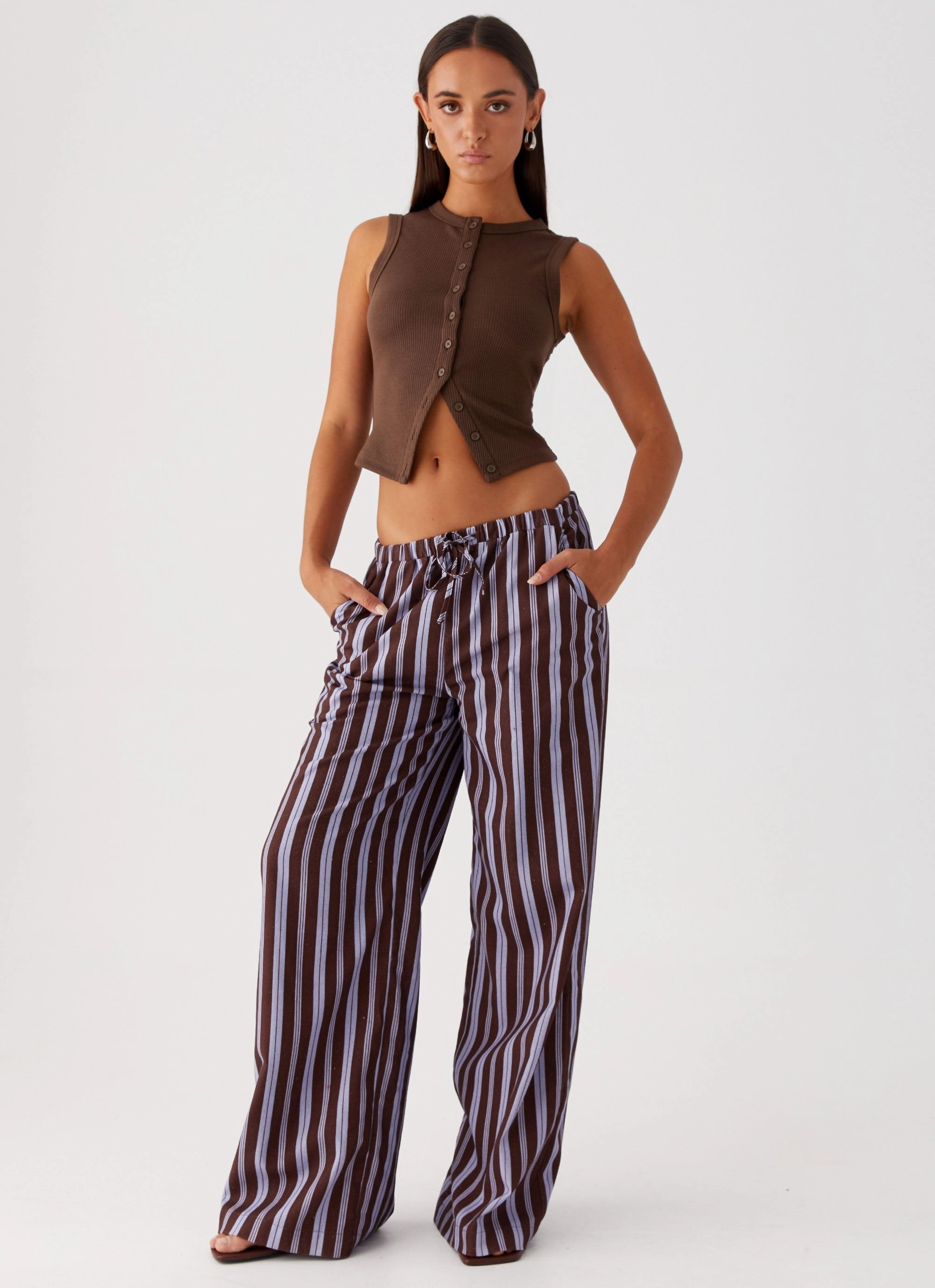 Fresh Face Linen Pants - Purple Brown Stripe WindproofLayer