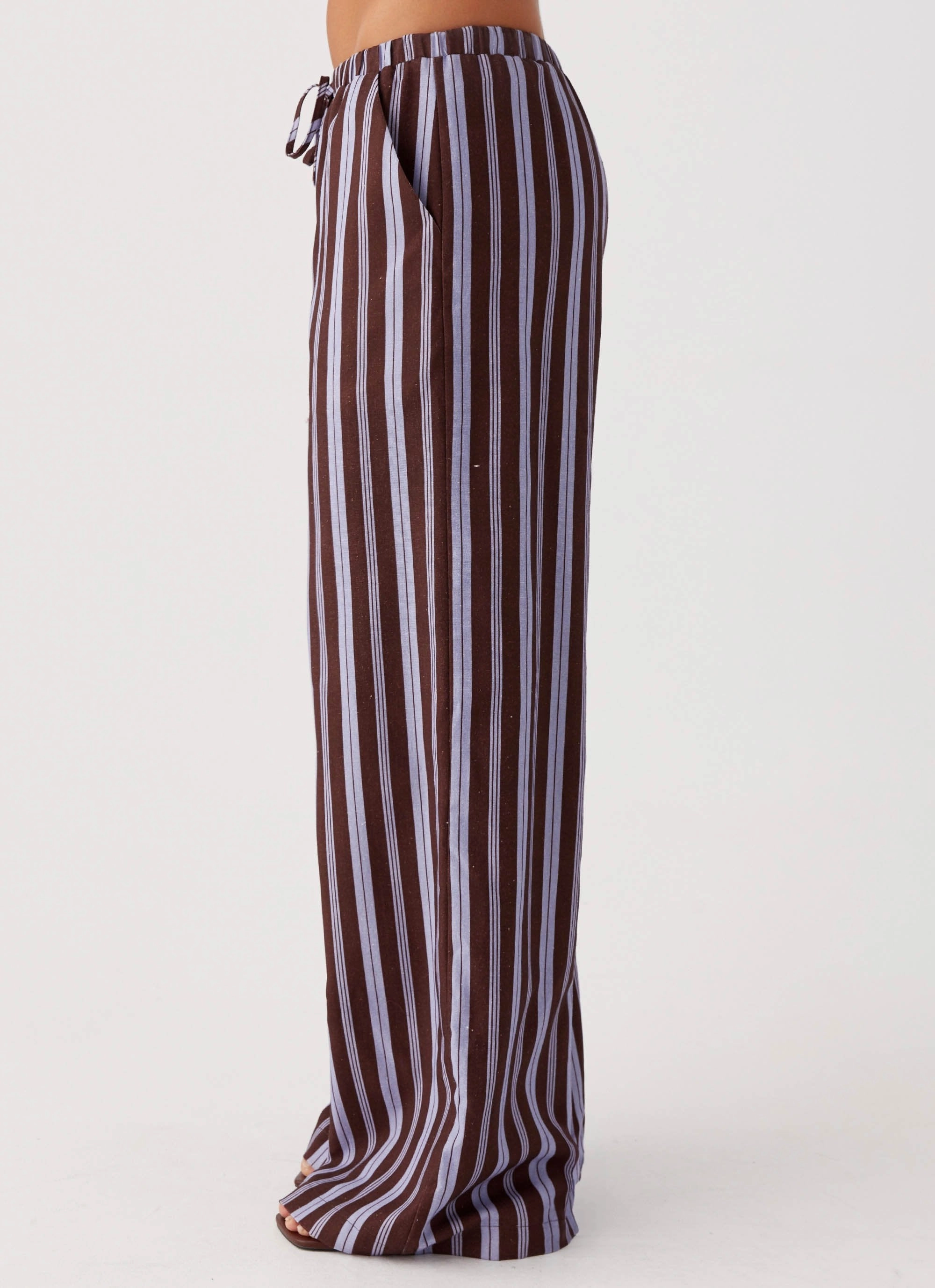 Double Needle Stitching Fresh Face Linen Pants - Purple Brown Stripe
