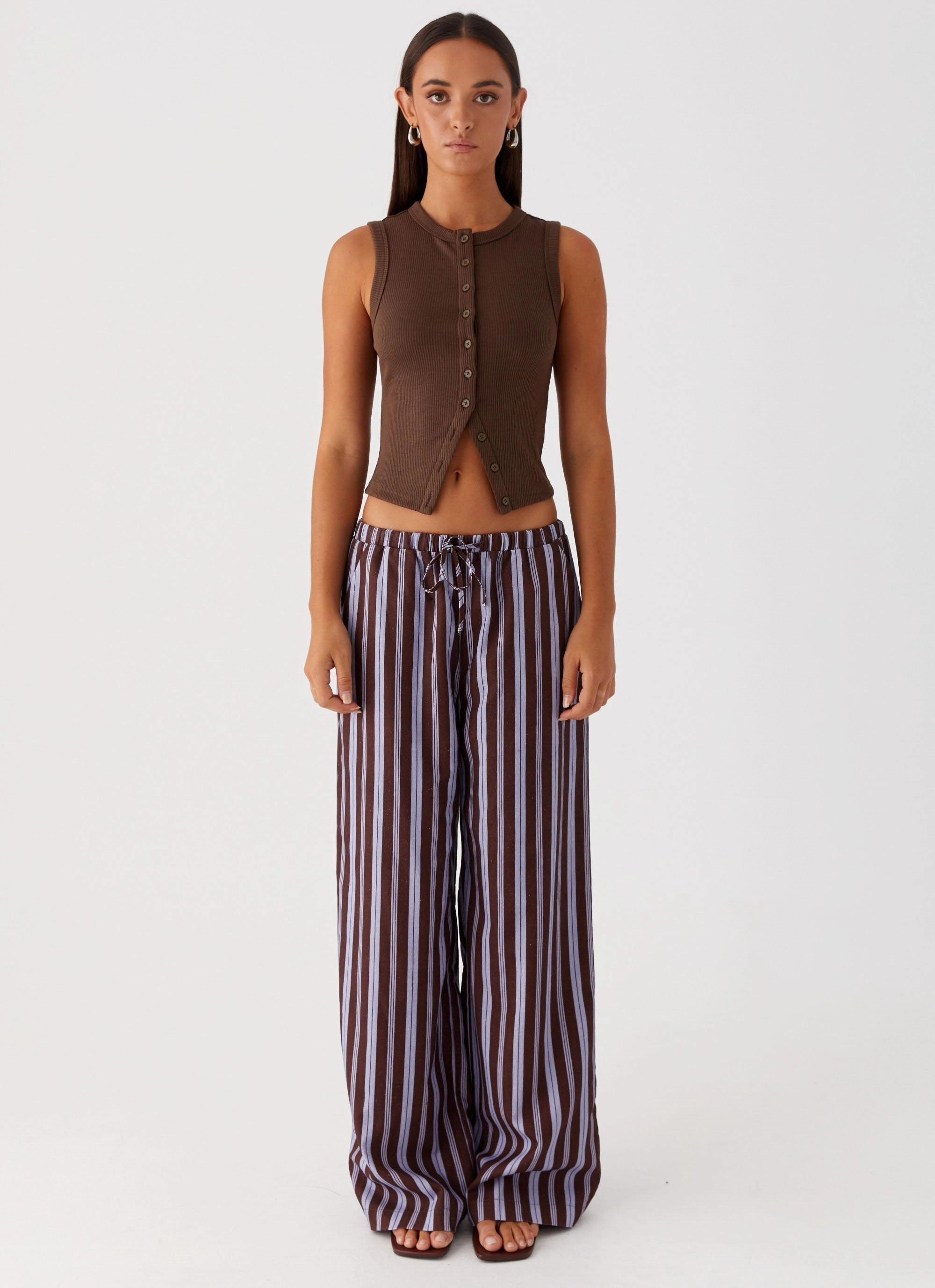 Full Flex Fresh Face Linen Pants - Purple Brown Stripe