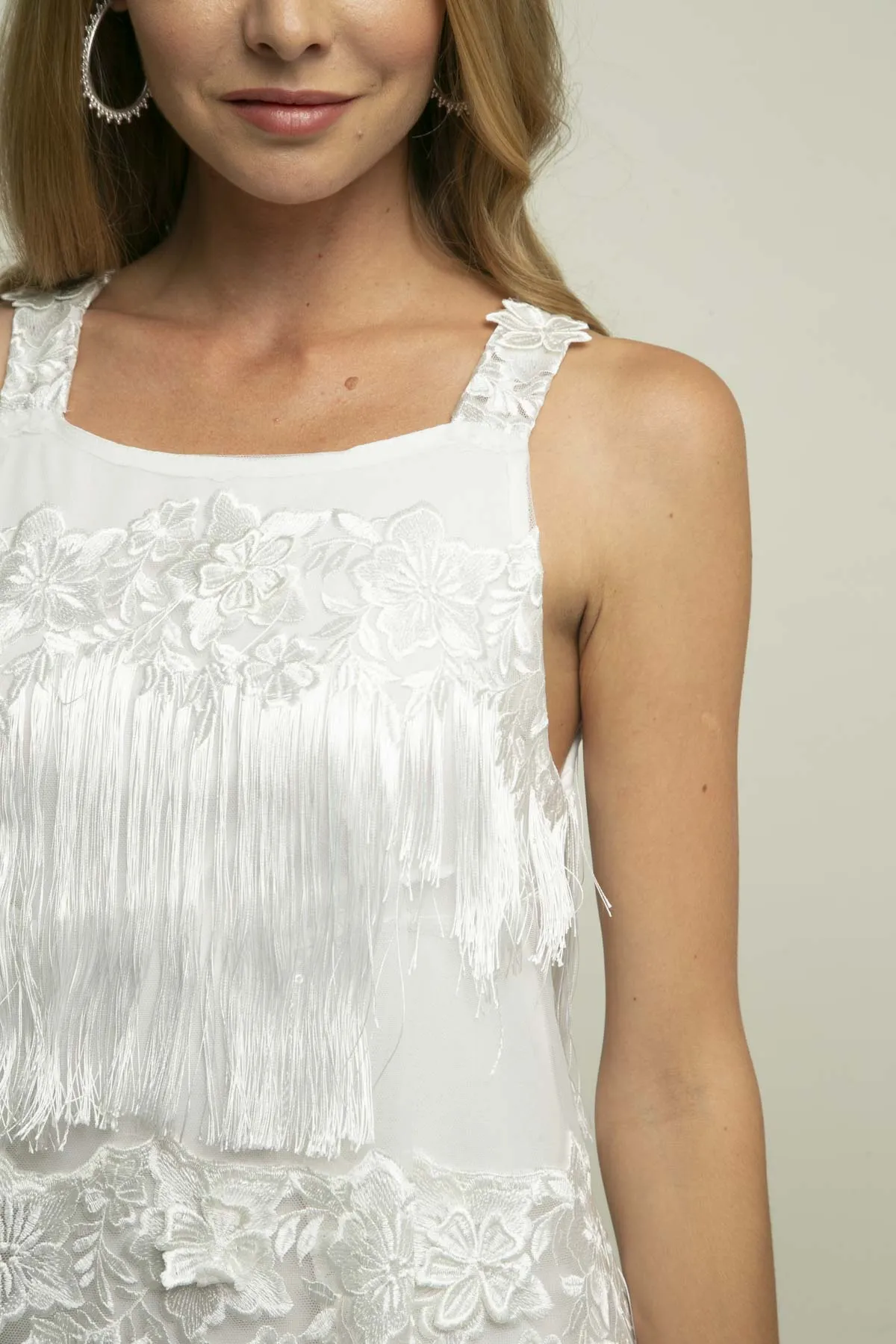 Climate-Adaptive Urban Feel Freya White Shift Lace Dress - Meringue Fringe