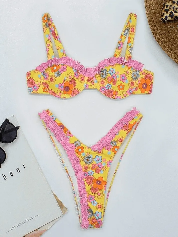 Frill Trim Underwire Floral Bikini Set