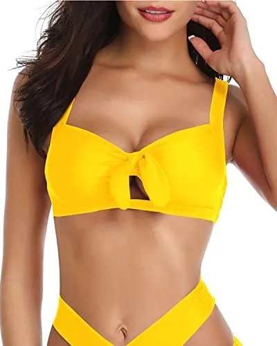 Front Tie Knot Ruffle Flounce Swimsuit Top-Neon Yellow