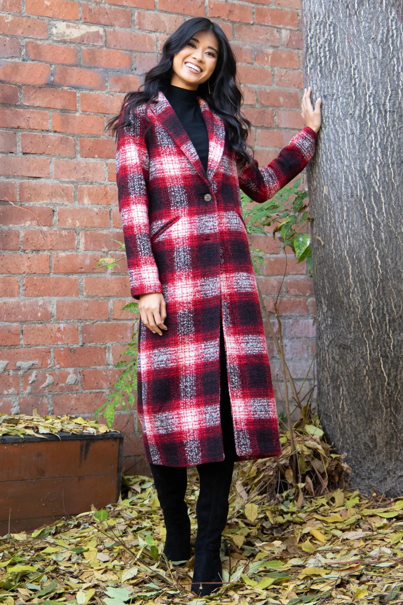 Longline Plaid Coat Flexible Shoulder