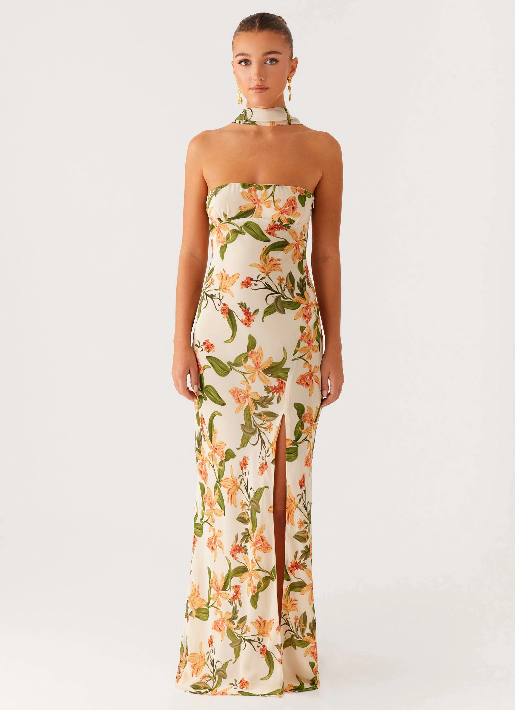 Geometric-pattern Cocktail Ready Gali Strapless Maxi Dress - Floral Print