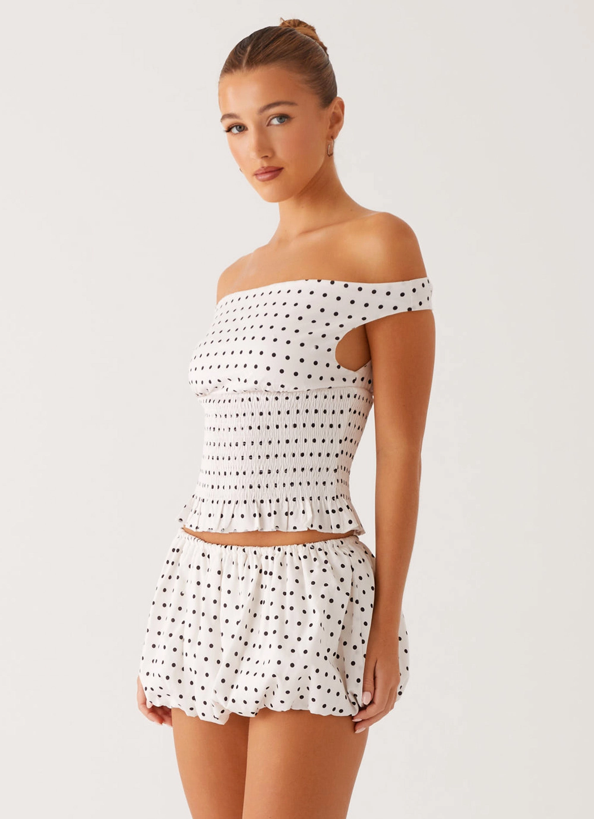 Heather Off Shoulder Top - White Black Polka Dot AntiStaticLining Chic Tee