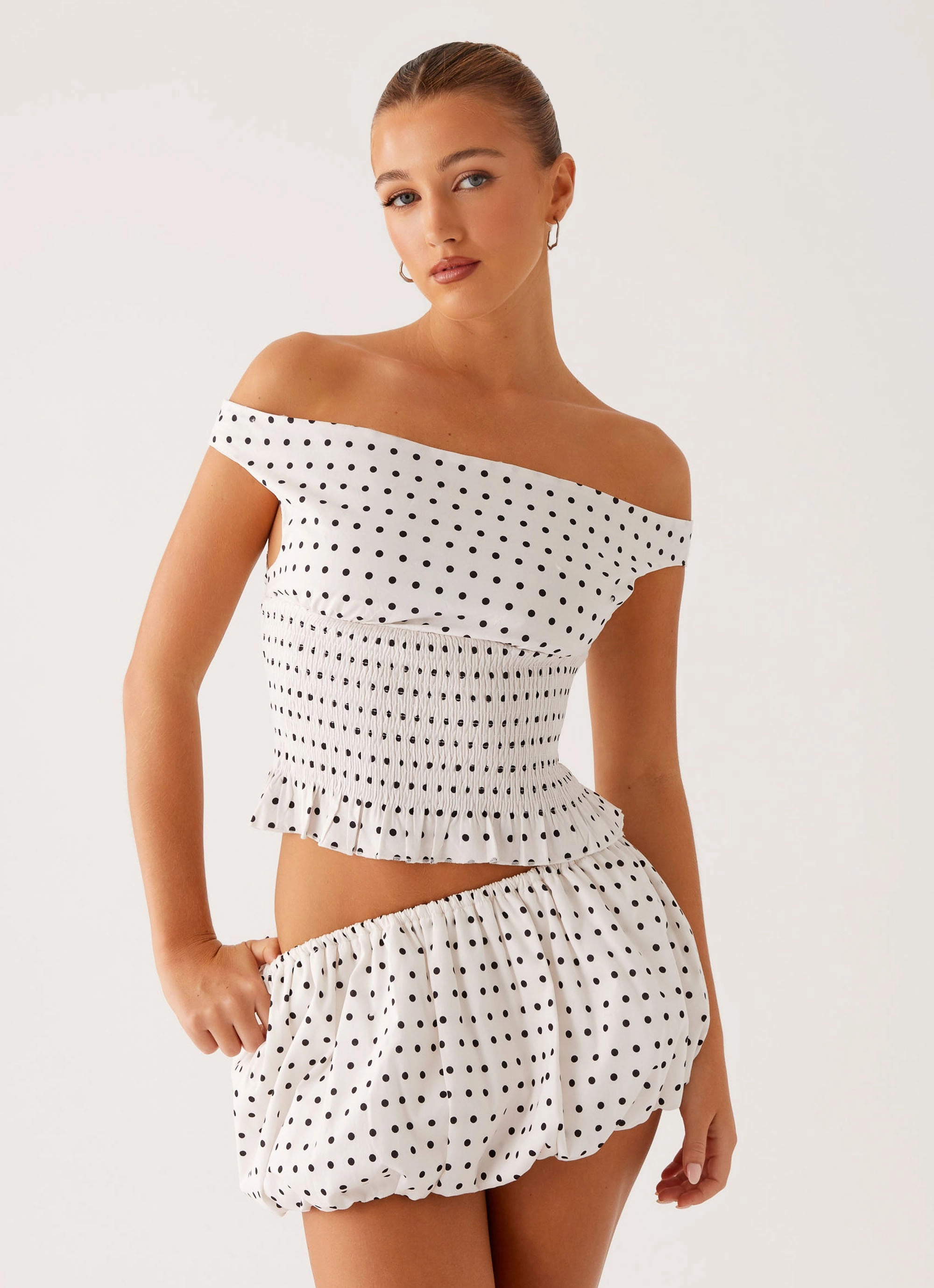 Heather Off Shoulder Top - White Black Polka Dot Seamless Knit Design