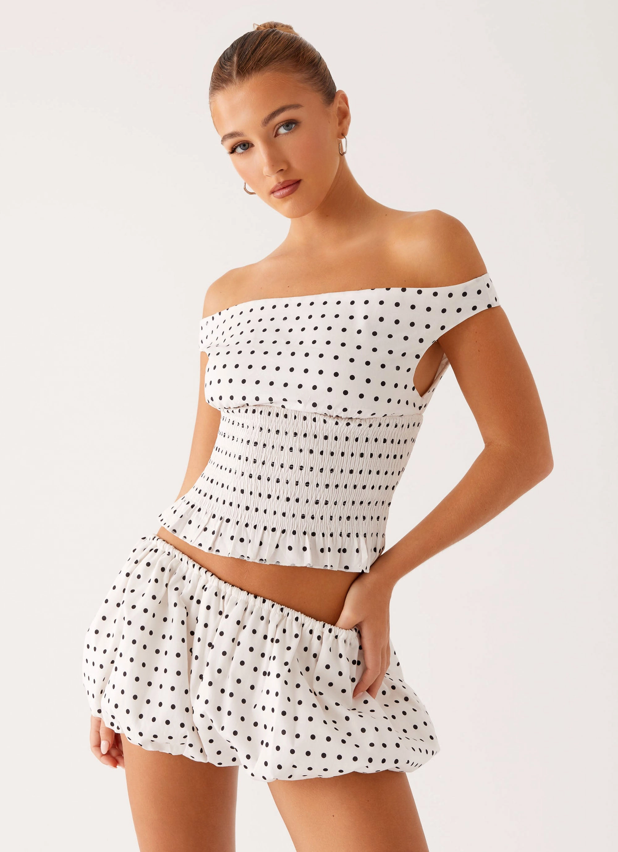Heather Off Shoulder Top - White Black Polka Dot Casual Jacket NonChafing Fabric