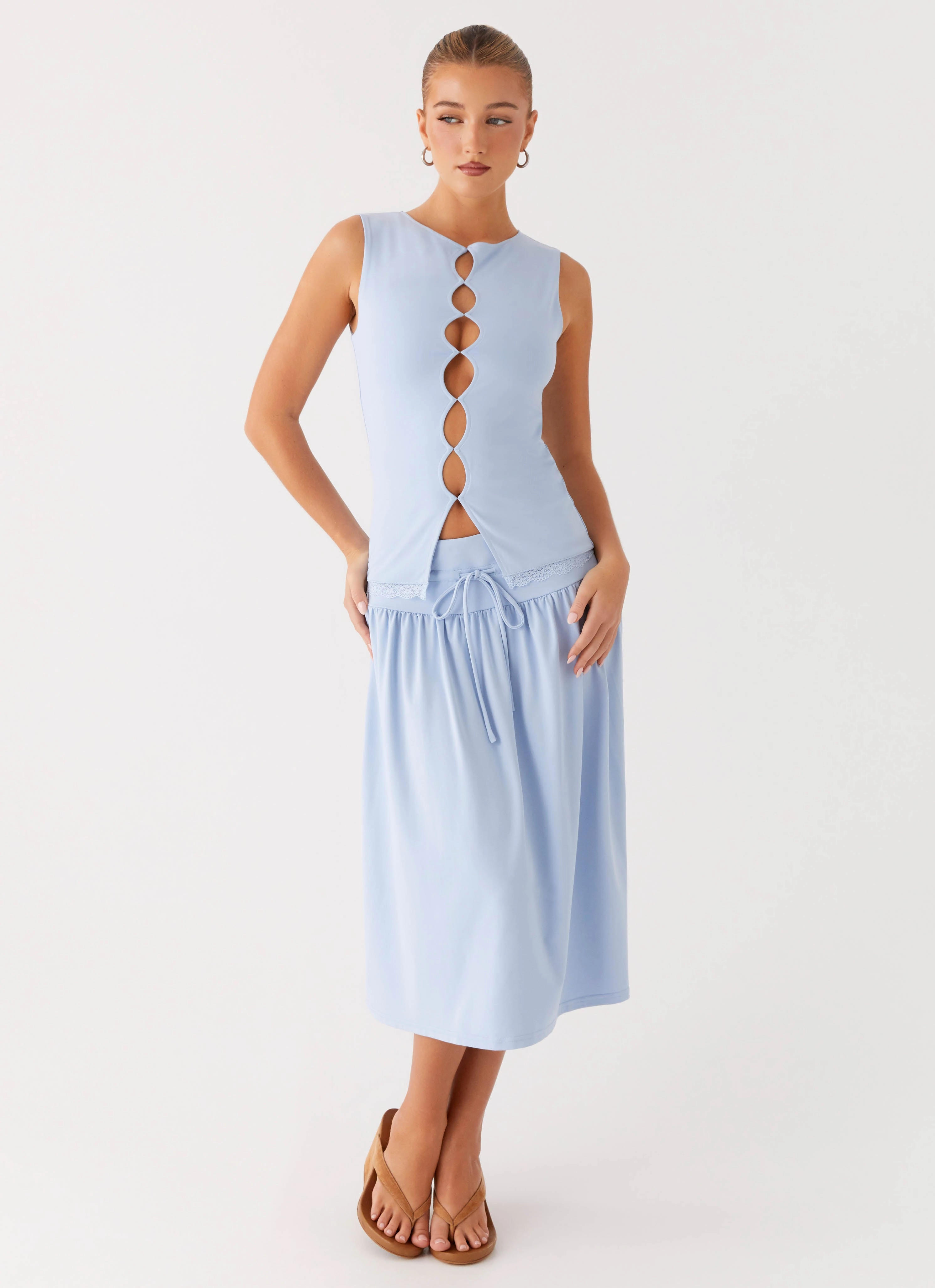 Silver Tides Midi Skirt - Blue Low-rise style Air Flow