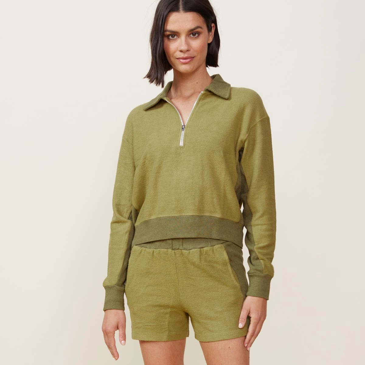 Fuzzy Fleece Polo Sweatshirt Contoured Side Panels