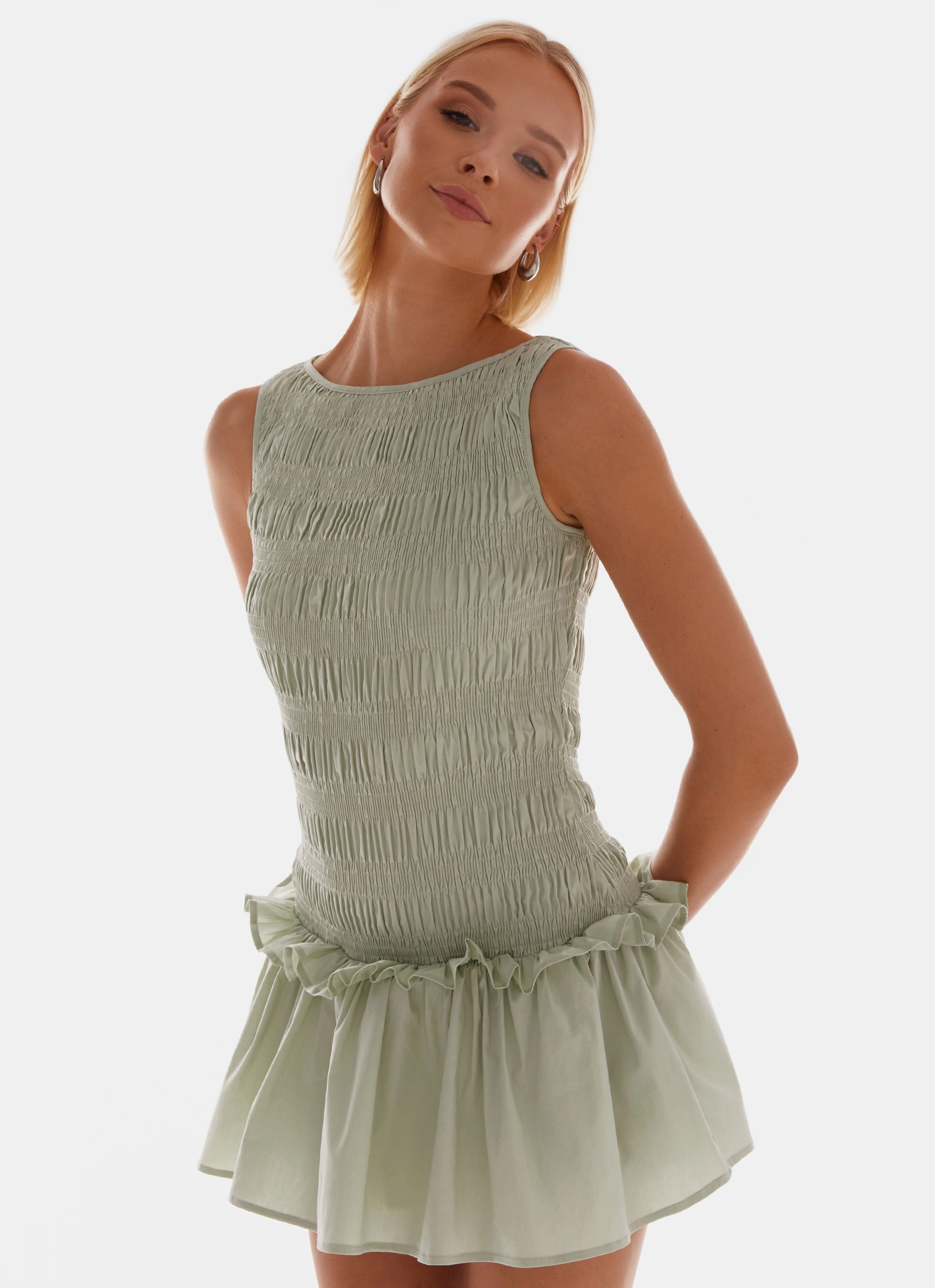 Petite-Size Garden Kisses Shirred Mini Dress - Sage