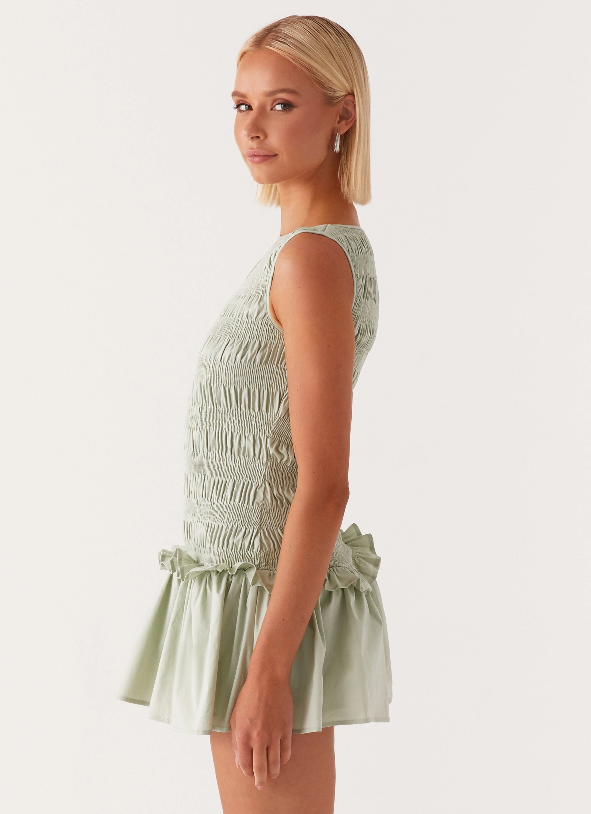 Flattering Lines Photo Light Garden Kisses Shirred Mini Dress - Sage