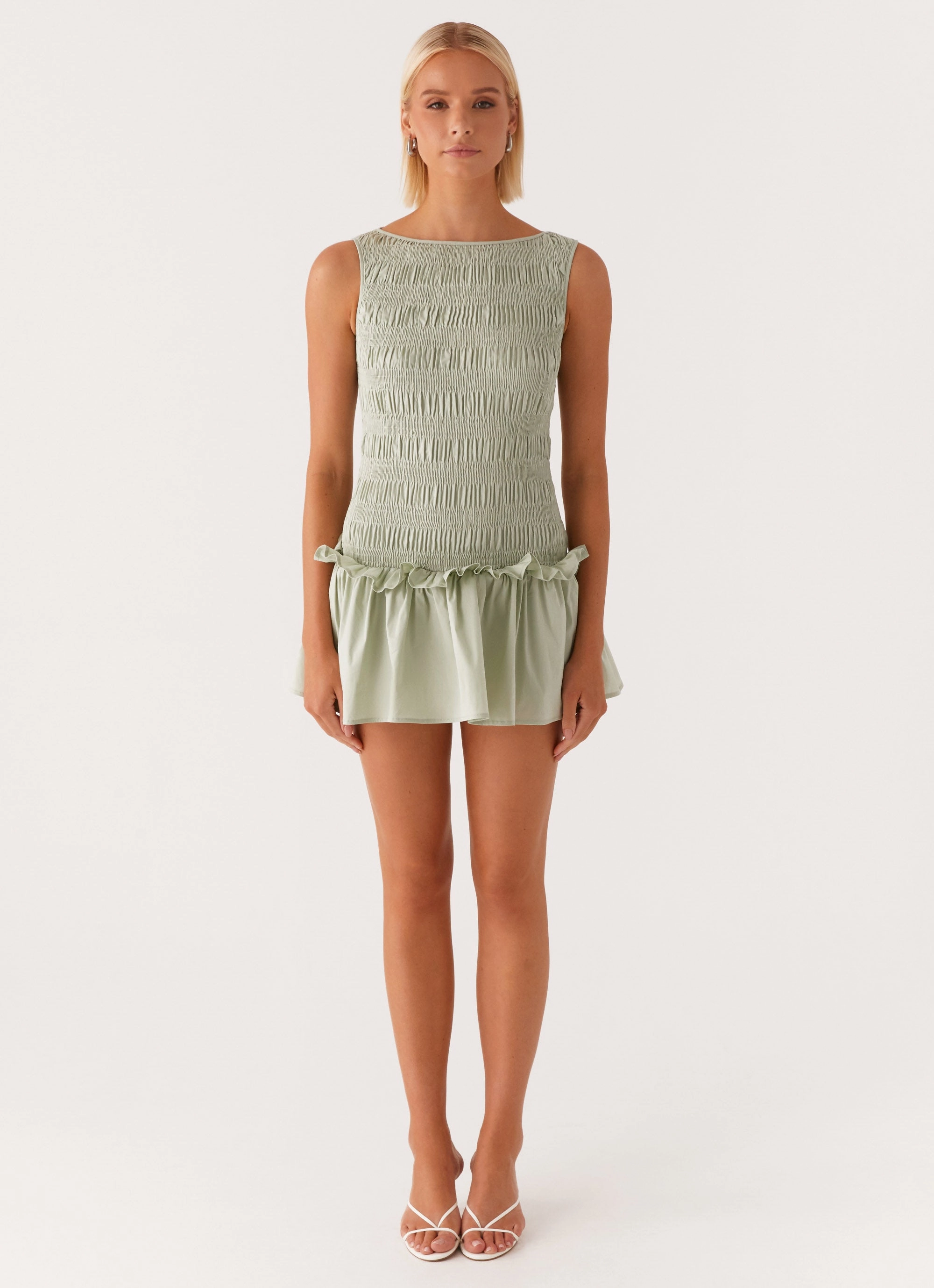 Luxe Wear Square-Neck Garden Kisses Shirred Mini Dress - Sage